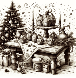 Pentekening_kersttafel_sepia_versjevanVERS Achterkant/Voorkant